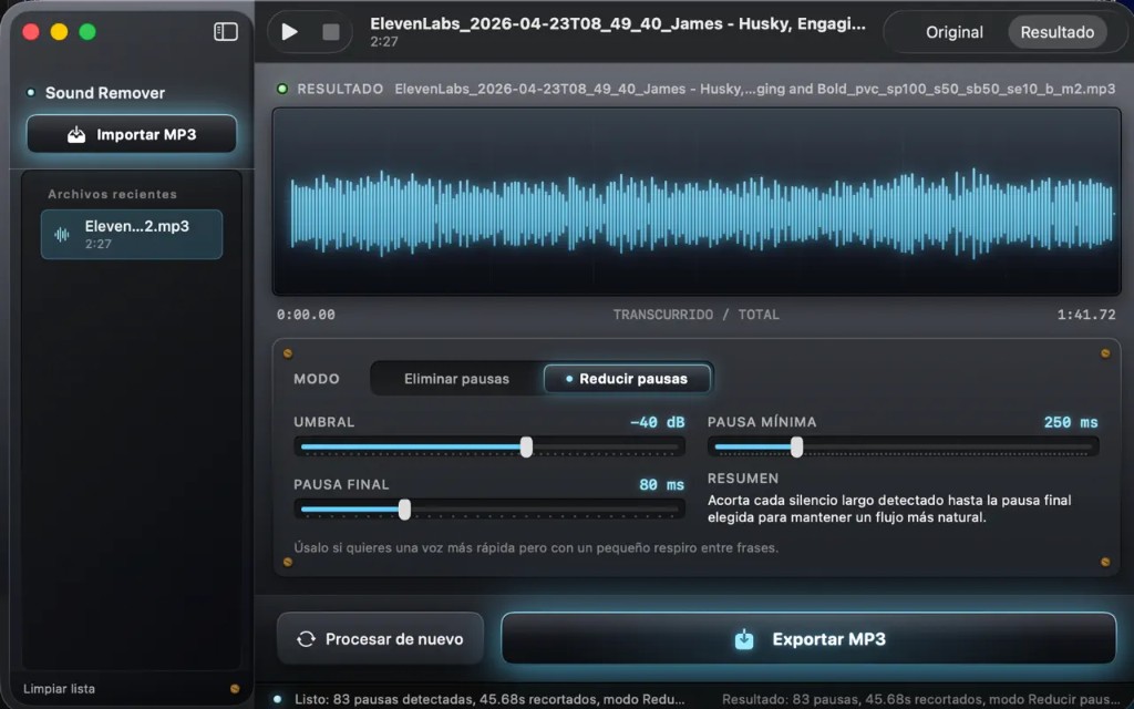 Audio Silence Remover macOS app: waveform editor with pause removal controls